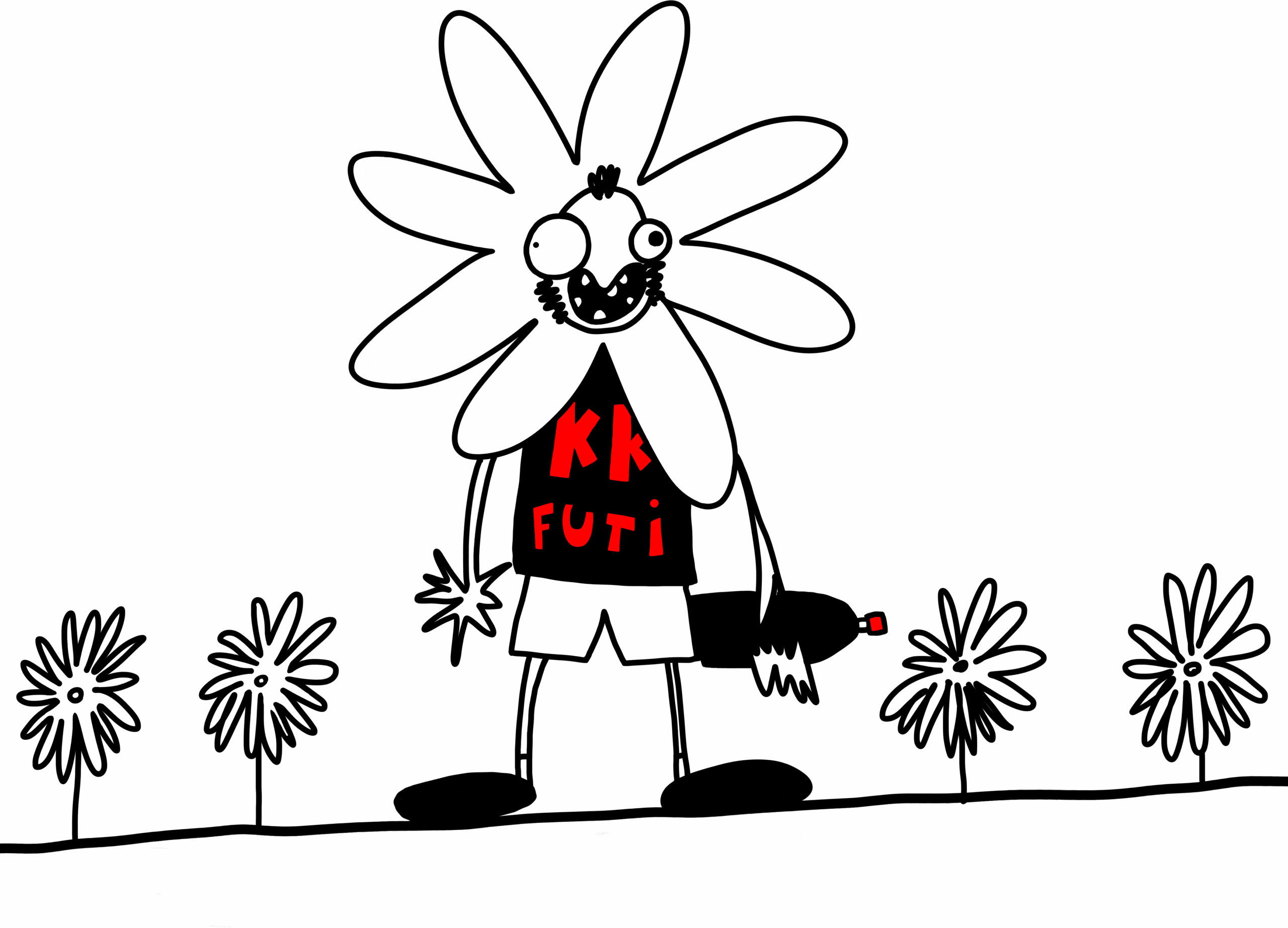 Dibujo en el que salgo yo cutremente dibujado con trazo tosco. Llevo una camiseta negra en la que pone "KK FUTI" con letras gordas y rojas, unos pantalones cortos, una botella de 2 litros de kalimotxo en la mano izquierda y una especie de gorro con la forma de pétalos de margarita. Los rasgos de la cara son grotescos, con ojos de distinto tamaño y pupilas que miran cada una para un lado. En la boca sonriente aparecen 6 dientes colocados al tún-tún. Me flanquean 2 margaritas a cada lado, como si estuviéramos plantadas las 5 en el mismo suelo.