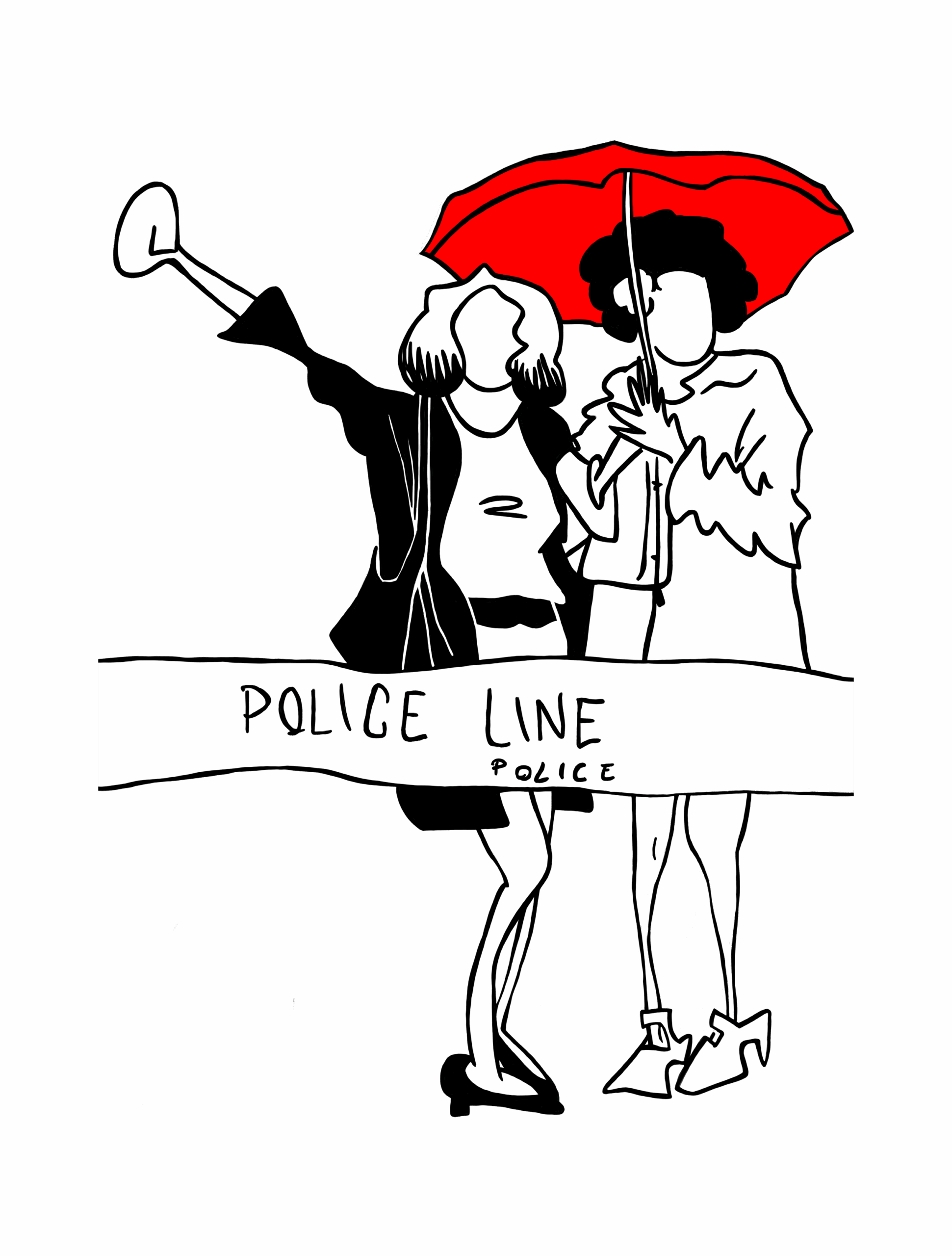 Dibujo de Sylvia Rivera y Marsha P. Johnson. Sylvia aparece a la izquierda, con un vestido ceñido por un cinturón negro, a la cintura, y lleva una chaqueta que parece cuero y un bolso negro. Aparece levantando el puño derecho en señal de protesta. Marsha aparece a la derecha, con un chaquetón que parece de "pelo", con un bolso blanco, y sujeta un paraguas rojo (único elemento de color del dibujo) con el que parece resguardar a ambas. Tiene una flor en el pelo. Las dos aparecen tras una banda en la que se lee: "POLICE LINE". El dibujo es una versión de una foto de Diana Davies hecha en Nueva York en 1973, durante unas protestas. Marsha aparece no racializada solo por el estilo del dibujo.