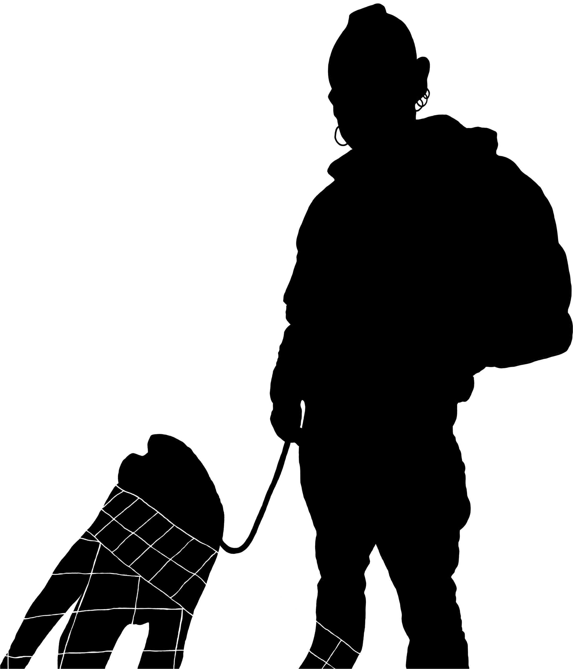 Dibujo digital en negro sobre fondo transparente de un punki llevando a un perro atado a una correa. En parte de la sombra, cerca de la zona inferior, hay dibujados una serie de cuadrados que recuerdan ligeramente a los baldosines de la calle, lo que quiere hacer pensar que parte de la sombra está proyectada sobre el suelo, y parte sobre una pared.